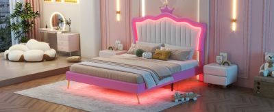 LED Upholstered Princess Bed with Crown Headboard