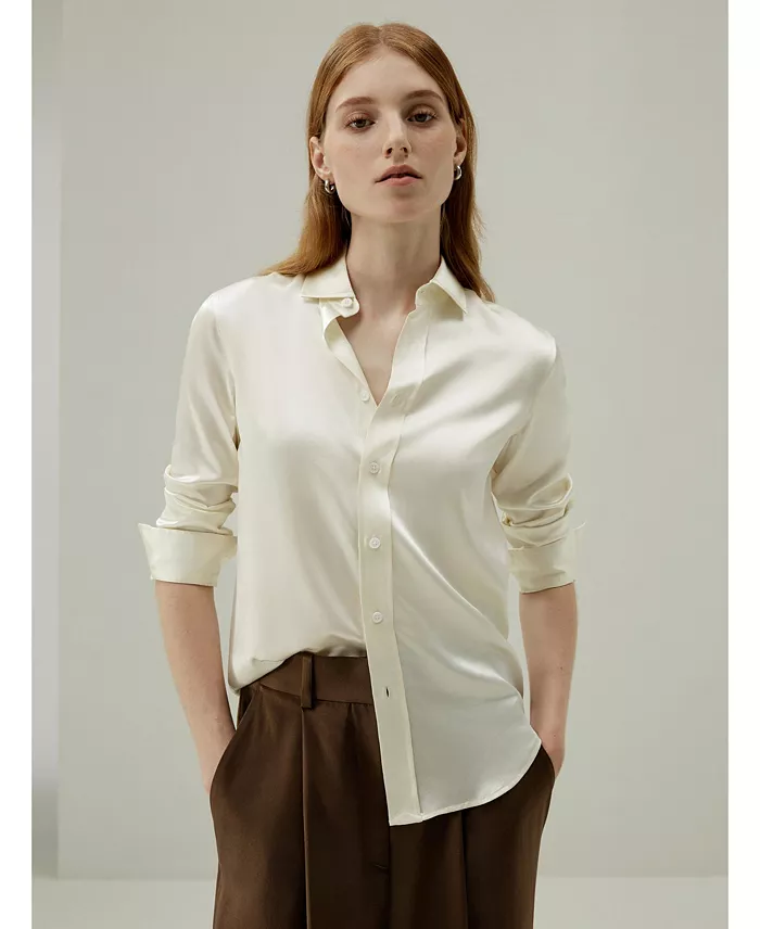 Women's Tailored Button Down Regular Fit Silk Shirt - thumbnail 9