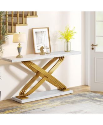 55 Inch Modern Console Table, Faux Marble Gold Entryway Table Behind Sofa Couch, Narrow Rectangular Sofa Table for Living Room, Bedroom, Front Hall, Hallway, Gold & White