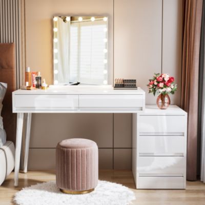 5-Drawer Wood Reversible Computer Desk – Modern Home Office Desk with Storage Drawers & Printer Stand, Vanity Writing Table