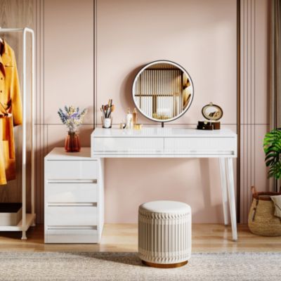 5-Drawer Wood Reversible Computer Desk – Modern Home Office Desk with Storage Drawers & Printer Stand, Vanity Writing Table