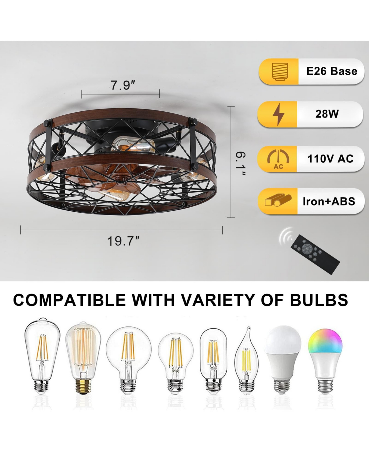 Streamdale Caged Ceiling Fans with Lights, 20" Black Flush Mount
