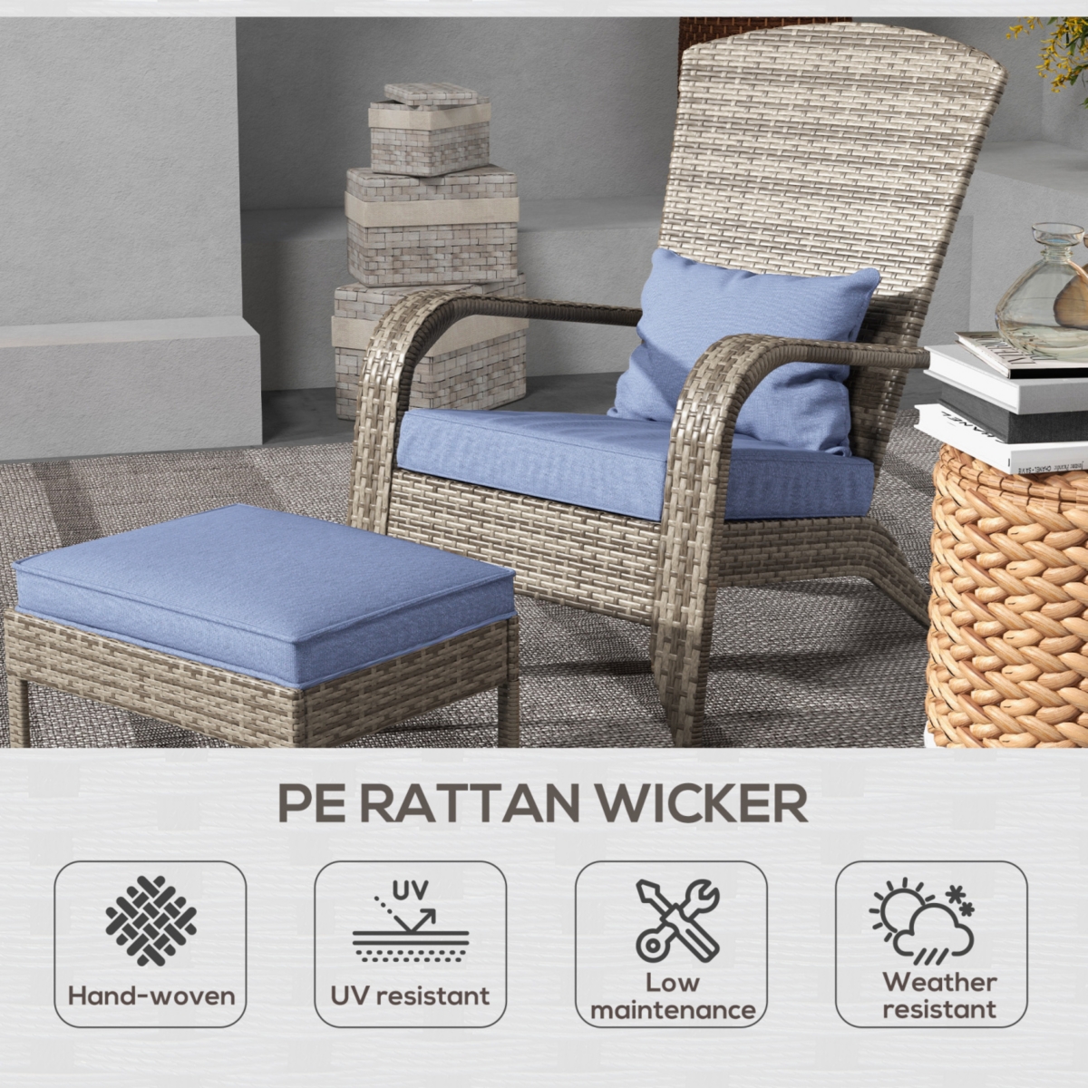 Streamdale Furniture Wicker Adirondack Chair with Ottoman and Cushions for Outdoor Fire Pit