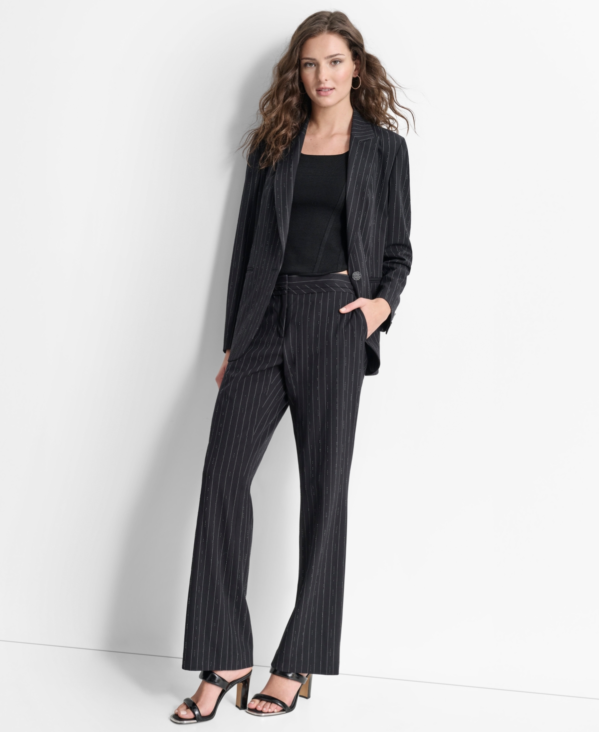Dkny Women's Studded Pinstriped Single-Button Blazer -wht