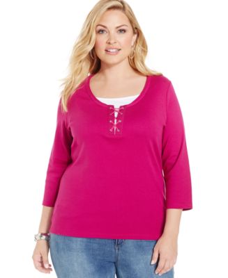 Karen Scott Plus Size Layered Lace-Up Top, Only at Macy's - Tops - Plus ...