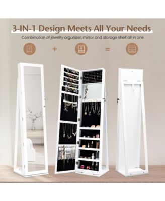 Standing Lockable Jewelry Storage Organizer with Full-Length Mirror-White