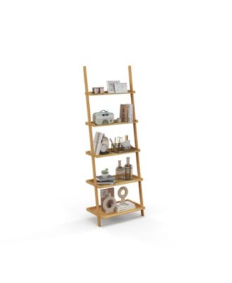 5-Tier Ladder Shelf Bamboo Bookshelf Wall-Leaning Storage Display Plant Stand-Natural