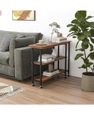 360° Rotating Sofa Side Table with 2-Tier Storage Shelves-Rustic Brown
