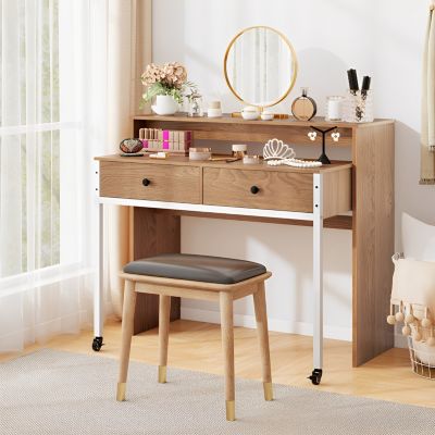 Extendable Computer Desk with Pull Out Secondary Desk-Natural