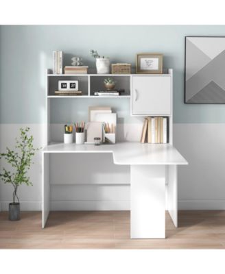 L-Shaped Desk Corner Computer Desk with Open Storage Hutch and Cabinet-White