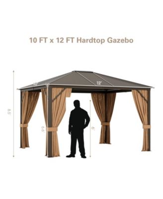 12 x10 Feet Outdoor Hardtop Gazebo with Galvanized Steel Top and Netting-Brown