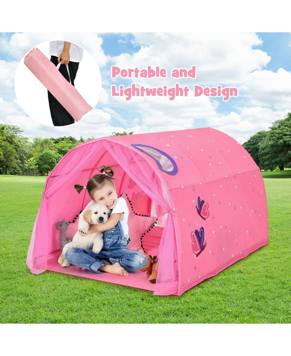 Vebreda Kids Galaxy Starry Sky Dream Portable Play Tent with Double Net Curta- Pink