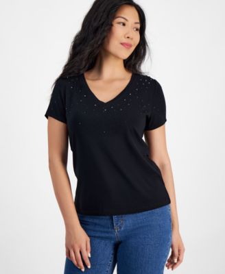 I.N.C. International Concepts - Petite Embellished V-Neck T-Shirt