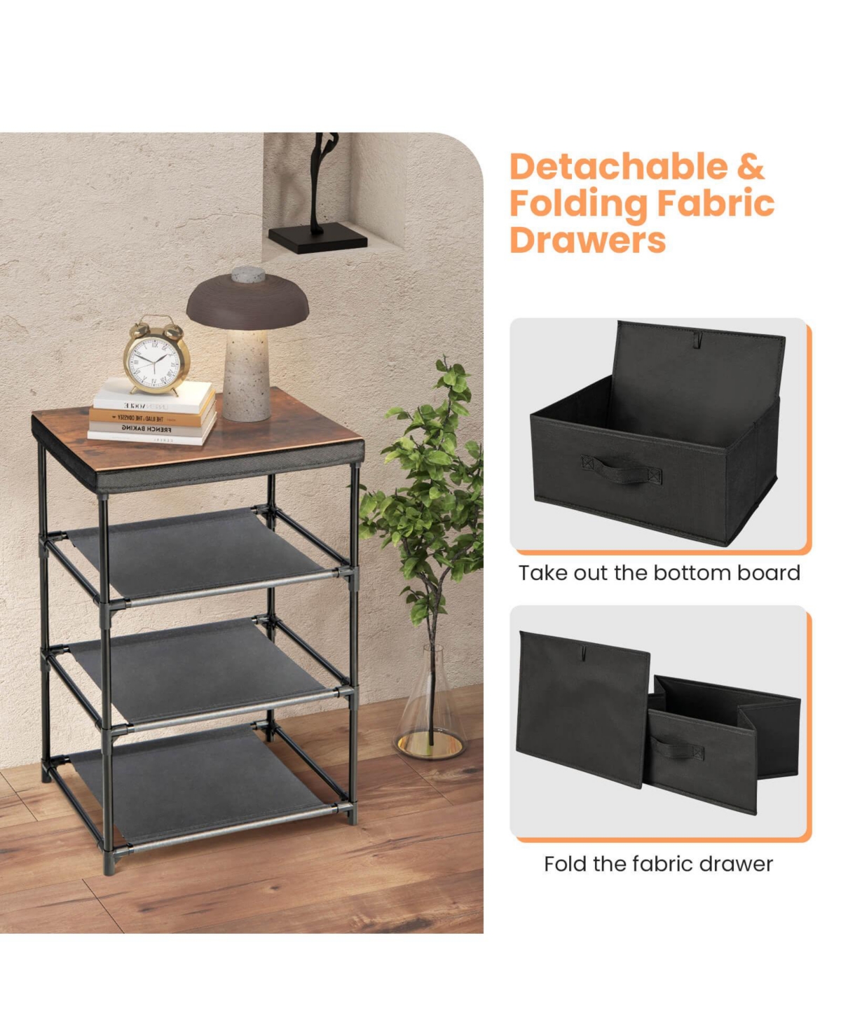 3-Tier Fabric Nightstand with Sturdy Metal Frame-Black
