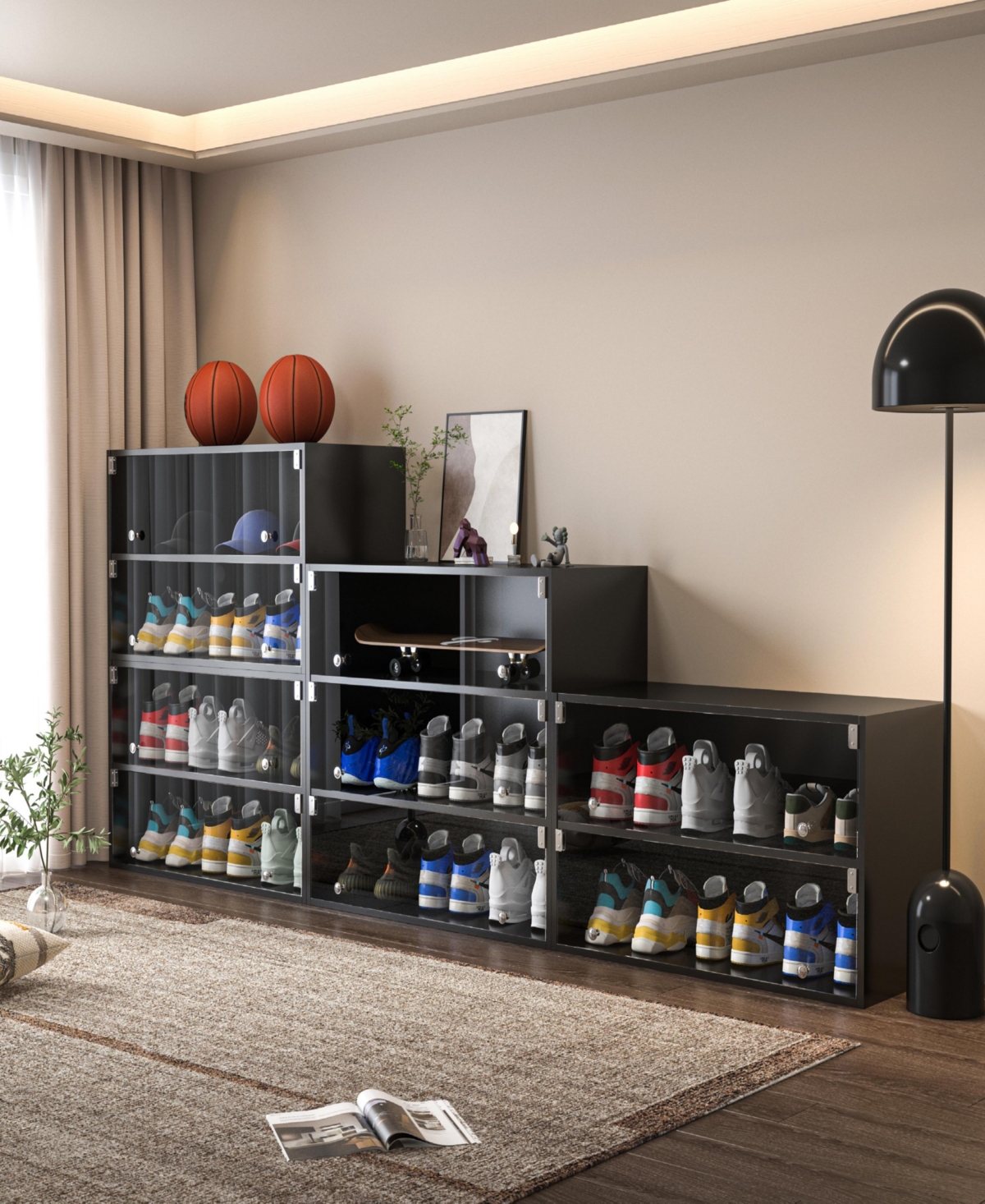 Streamdale FurnitureGlass Door Shoe Box Shoe Storage Cabinet For Sneakers With Rgb Led Light - Black