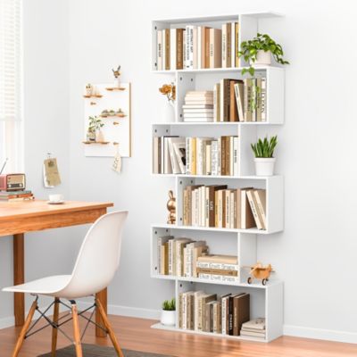 74.8" MDF Wood 6-Tier S-Shaped Bookshelf Freestanding Bookcase Storage Organizer for Living Room & Office