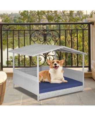 Wicker Dog House with Waterproof Roof and Washable Cushion Cover-Navy