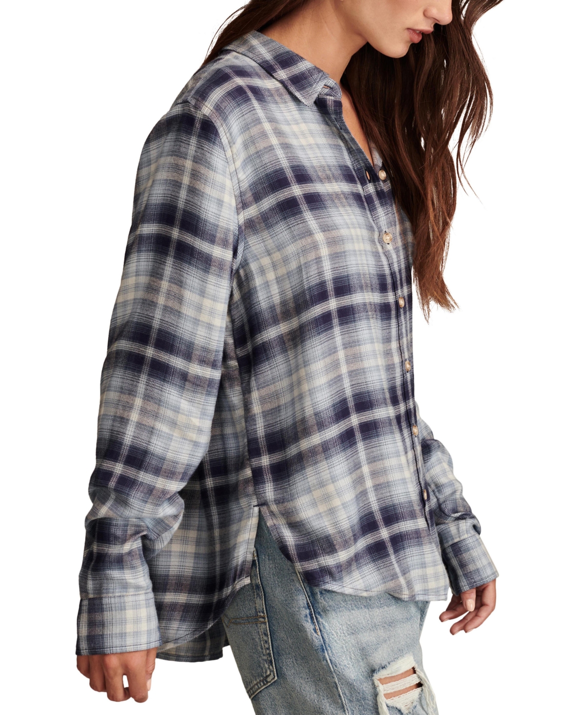 Lucky Brand Women's Cloud Plaid Boyfriend Shirt - Navy And Light Blue Plaid