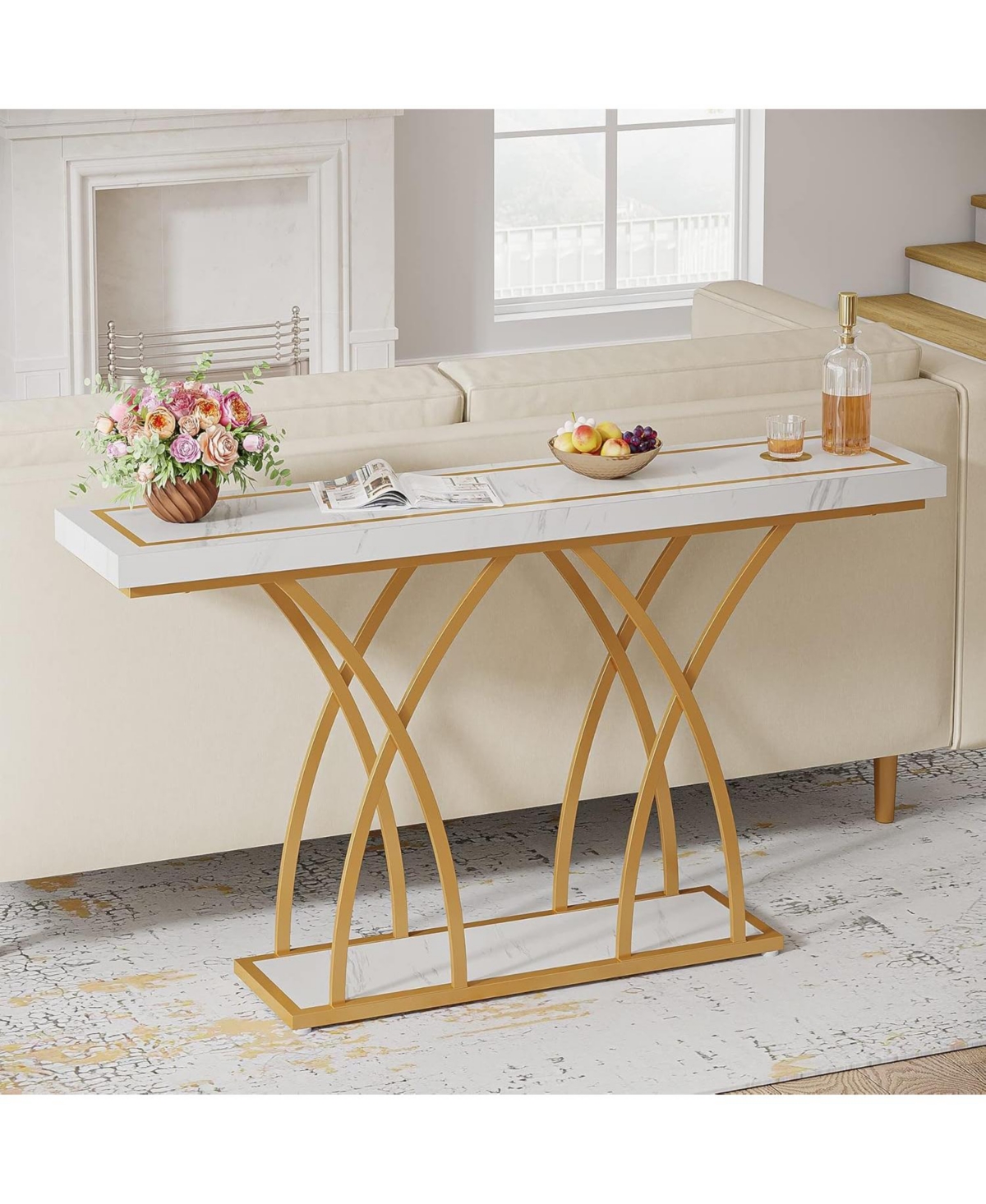 Tribesigns Gold Console Table, Modern Faux Marble Veneer Entryway Table Behind Sofa Couch, Narrow Long Hallway Table with Geometric Metal Legs