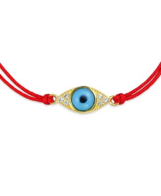 Minimalist Delicate Turkish Blue Evil Eye Red String Bracelet CZ Accent Gold Plated Sterling Silver