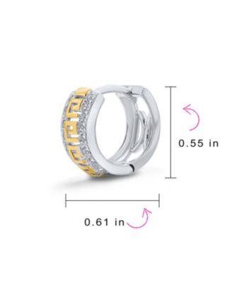 Two Tone Greek Key Cutout Huggie Hoop Earrings Cubic Zirconia CZ Gold Plated Sterling Silver