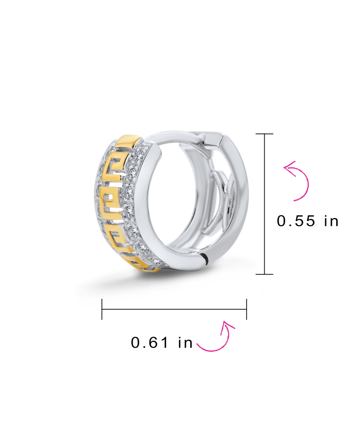 Bling Jewelry Two Tone Greek Key Cutout Huggie Hoop Earrings For Women Cubic Zirconia Cz Gold Plated Sterling Silver - Clear gold-tone