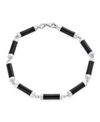 Asian Style Black Natural Onyx Strand Tube Bar Link Bracelet Sterling Silver 7.5 Inch