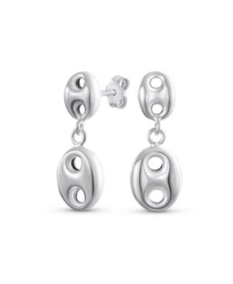 Nautical .925 Sterling Silver Anchor Link Puff Mariner Drop Stud Earrings