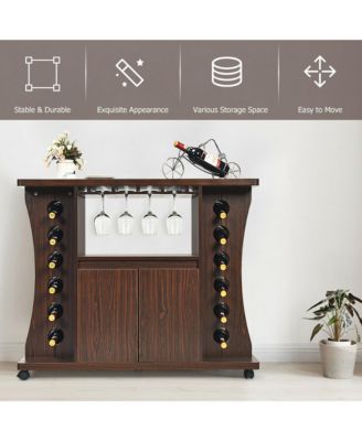 Rolling Buffet Sideboard Wooden Bar Storage Cabinet w/ Wine Rack & Glass Holder