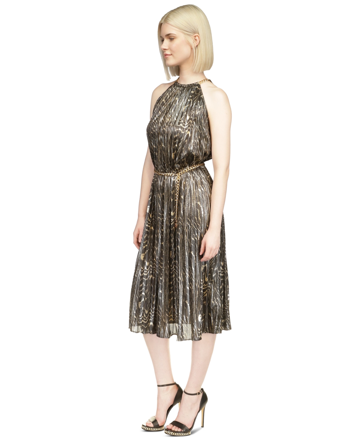 Michael Michael Kors Women's Animal-Print Pleated Midi Dress - Black  Gold