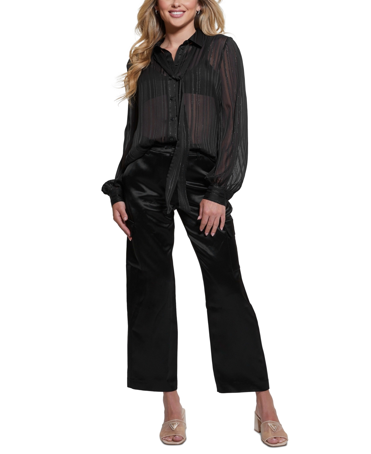 GUESS WOMEN'S ORIANE BOW-TIE LONG-SLEEVE SHEER SHIRT 