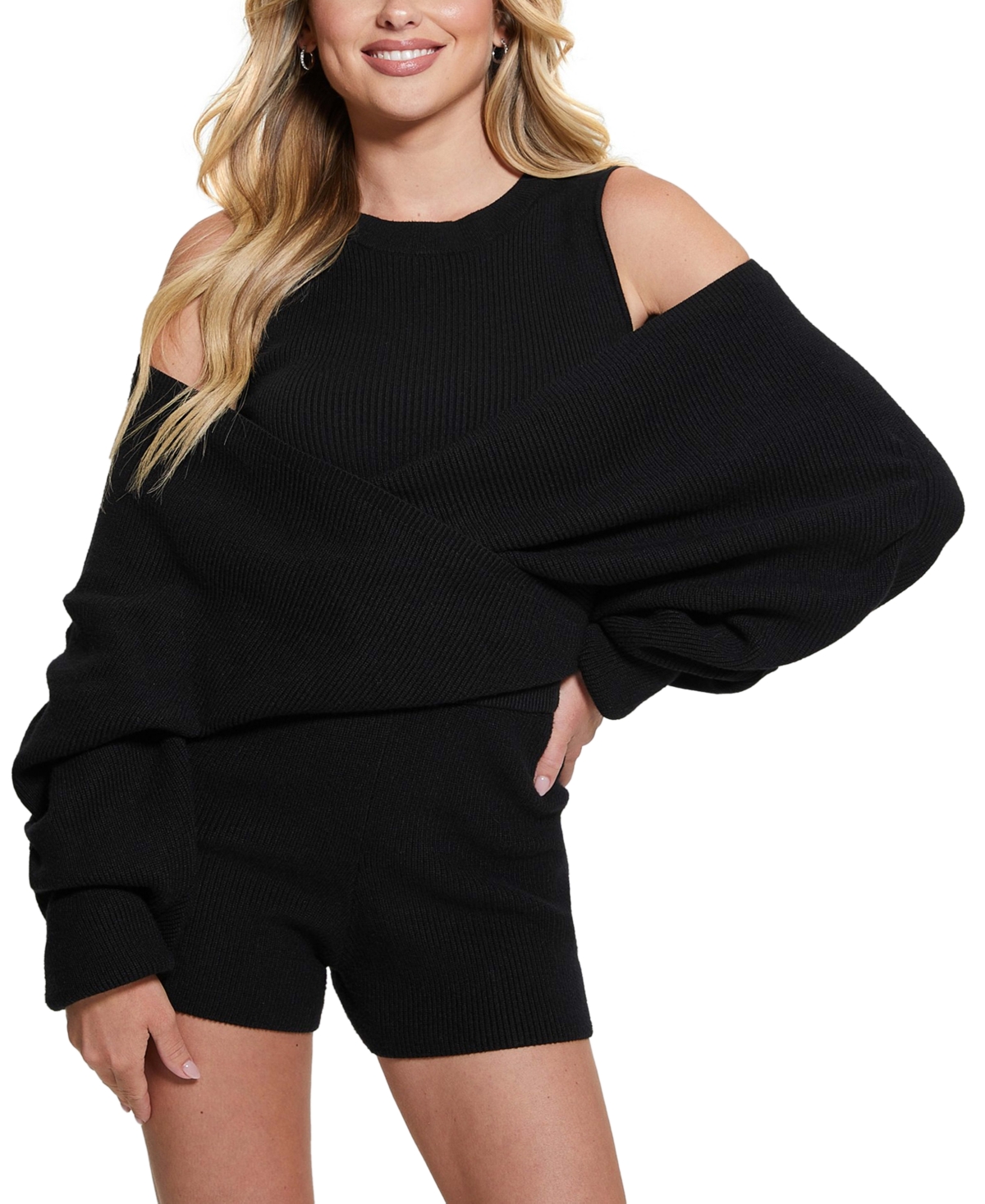 Guess Zoe Cold Shoulder Rib Romper In Black
