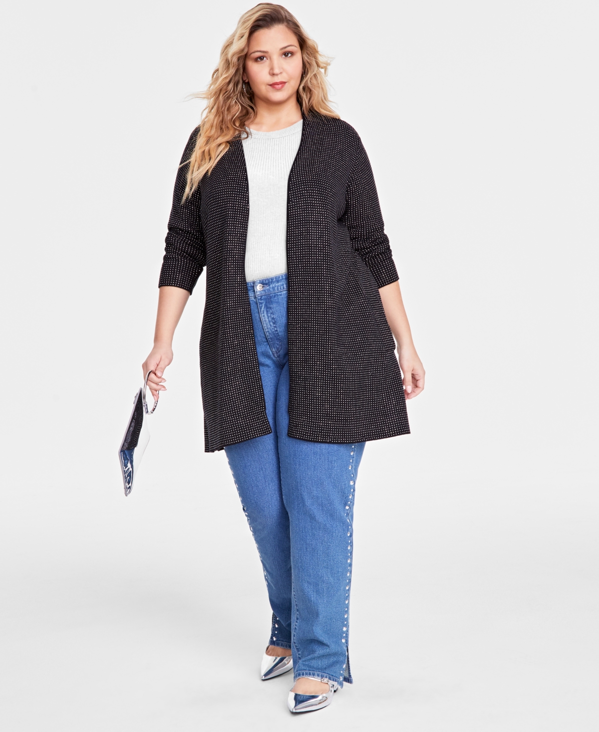I.n.c. International Concepts Plus Size Studded Long Open-Front Cardigan, Created for Macy's