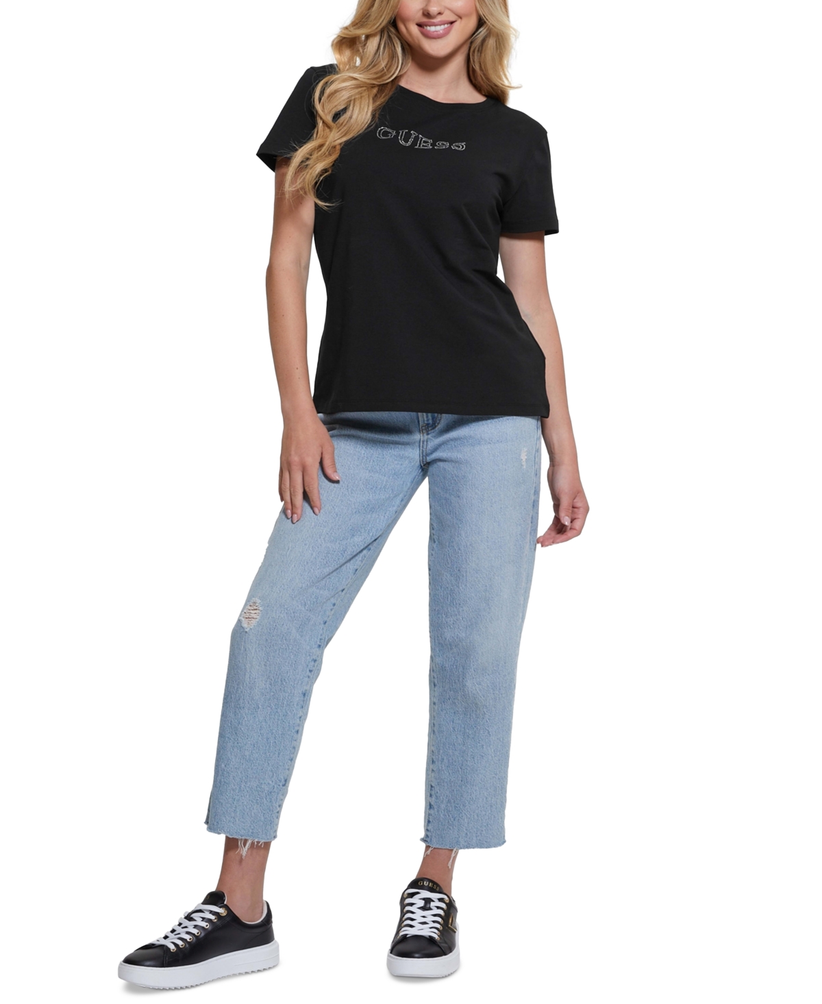 Guess Briana Embellished Logo T-shirt In Black