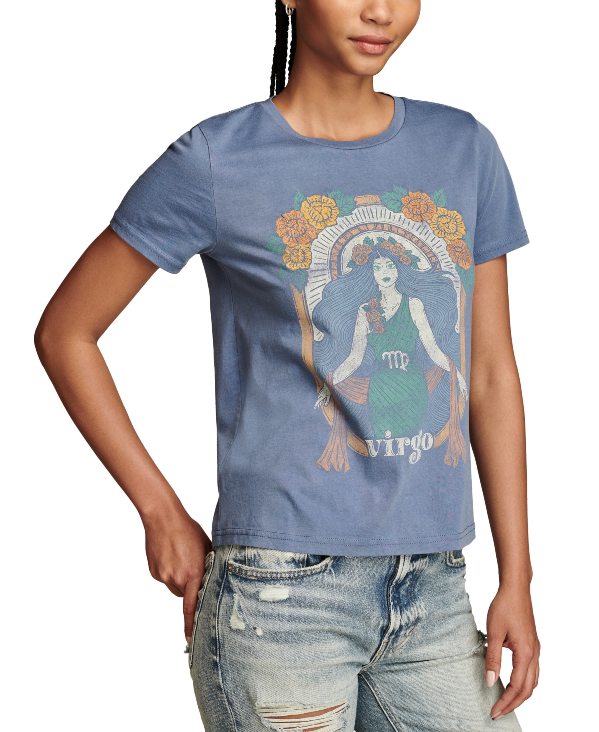 Shop Lucky Brand Women's Embroidered Virgo Crewneck T-shirt In China Blue