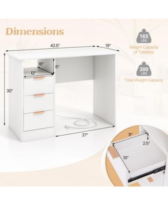 Home Office Desk with Power Outlet 3 Storage Drawers and Open Compartment-White