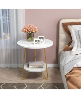 Faux Marble End Table, 2 Tier Round Side Table with Shelves, Modern Gold Nightstand Bedside Table Small Coffee Accent Table for Living Room Bedroom, White and Gold