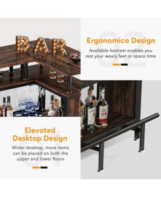 Home Bar Unit, L-Shaped Bar Table with Stemware Racks and 2-Tier Shelves, Corner Mini Coffee Liquor Cabinet with Footrest for Home/Kitchen/Pub, Rustic Brown