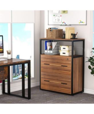 2 Drawer File Cabinet with Lock, Large Lateral Filing Cabinet for Letter/Legal / A4 Size, Wood Printer Stand with Open Storage Shelves for HomeOffice (Brown)