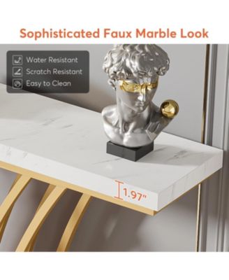 Modern Gold Console Table with Grid-Shaped Metal Base and 59-Inch Faux Marble Top for Entryway, Hallway or Living Room