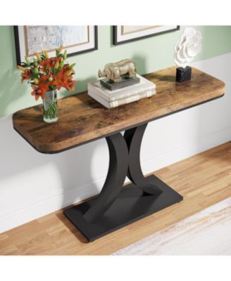 Modern Gold Console Table, 40 inch Narrow Entryway Foyer Table with Geometric Base, Rustic Hallway Accent Table for Living Room, Entrance