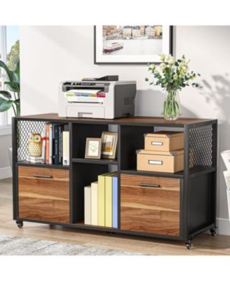 2-Drawer Wood File Cabinet with Open Shelves, Mobile Lateral Printer Stand for Letter/A4 Size Home Office