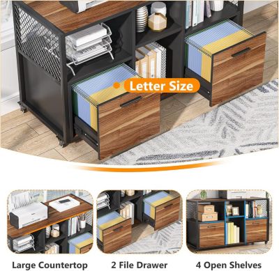 2-Drawer Wood File Cabinet with Open Shelves, Mobile Lateral Printer Stand for Letter/A4 Size Home Office
