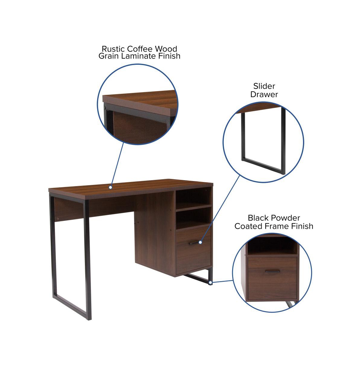 Merrick Lane BrightonComputer Desk With Shelving And Storage Drawer Metal Frame Pedestal Base Home Office Desk - Rustic