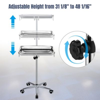 Mobile Mayo Stand Stainless Steel with Handle 2 Pack Trays on Wheels Adjustable Height for Medical Dental Salon Tattoo Lab