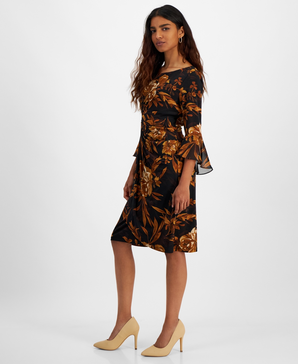 Connected Petite Floral Flounce-Sleeve Sheath Dress