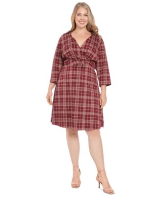 London Times - Plus Size Plaid Collared V-Neck 3/4-Sleeve Dress