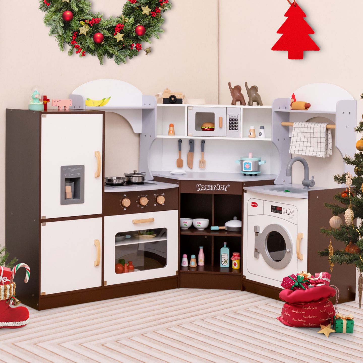 Детские игрушки Costway Wooden 16-Piece Corner Play Kitchen with Ice Maker and Microwave, Ages 3+, цвет: Коричневый — фото 5