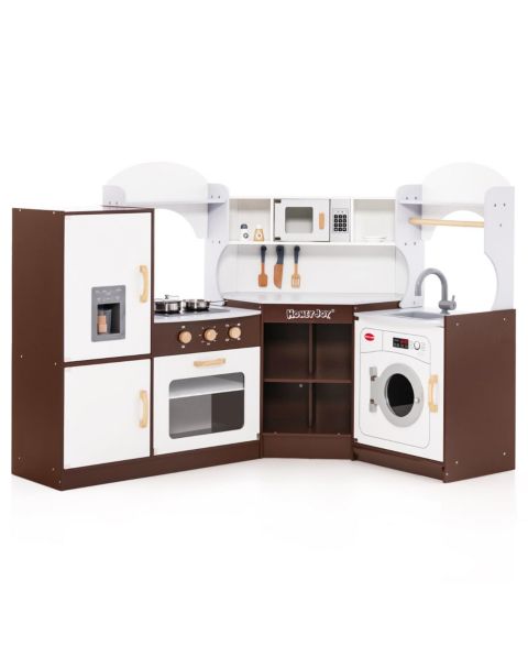 Детские игрушки Costway Wooden 16-Piece Corner Play Kitchen with Ice Maker and Microwave, Ages 3+, цвет: Коричневый