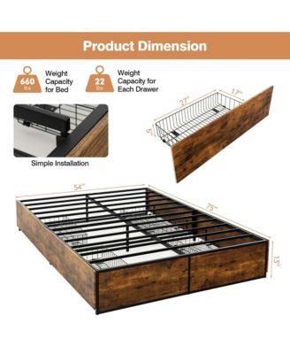 Full Industrial Metal Platform Bed Frame with 4 Drawers Wooden Footboard